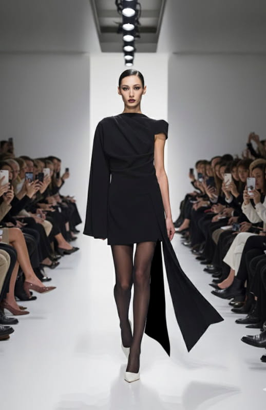 model is wearing an asymmetrical black cocktail dress on the runway