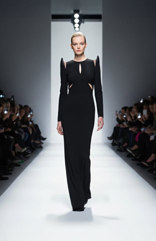 model wearing sculptural long black gown on the runway