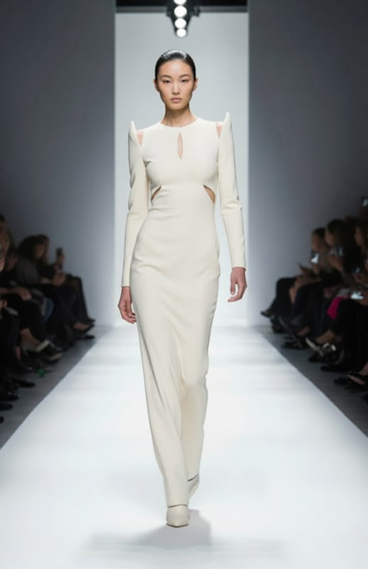 model wearing long ivory dress with sleeves on the runway