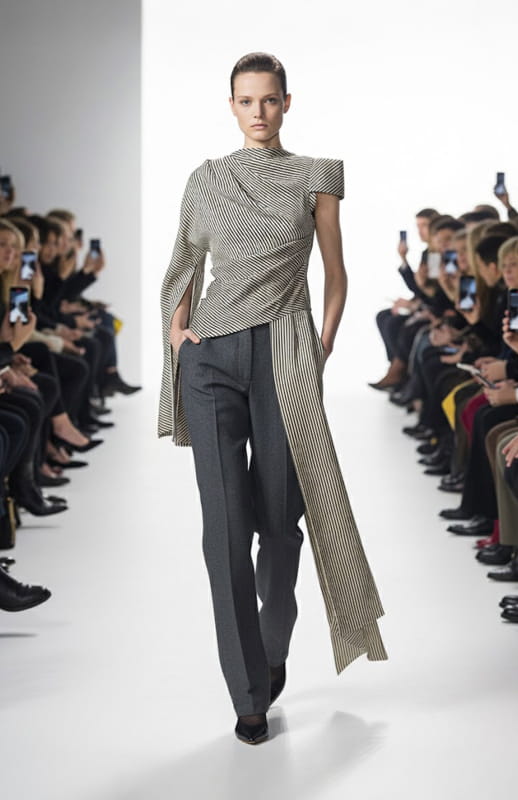model is wearing asymmetrical stripe top and grey wool pants on the runway