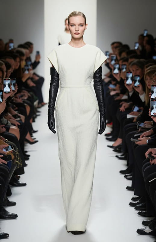 model is wearing a minimal long ivory dress on the runway with long black leather gloves
