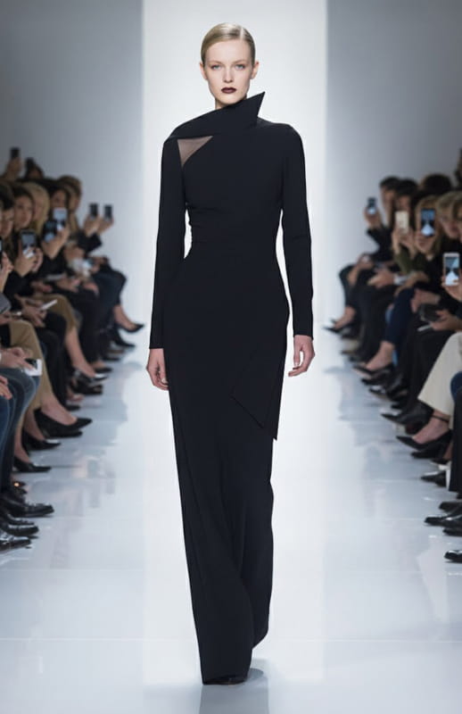 model is wearing long black architectural gown on the runway
