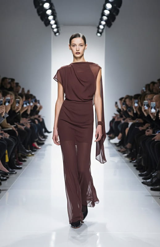 model is wearing a brown draped silk chiffon dress on the runway