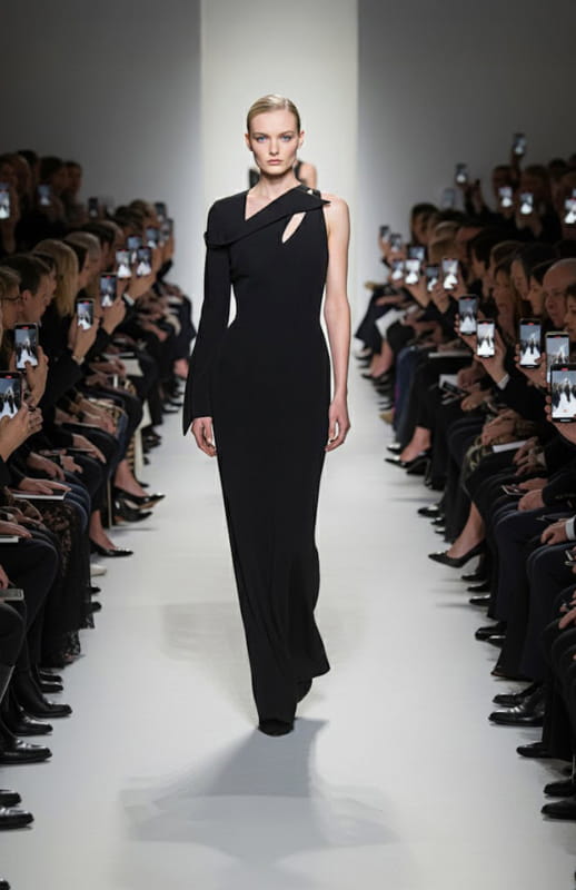 model is wearing an elegant one sleeve long black dress on the runway