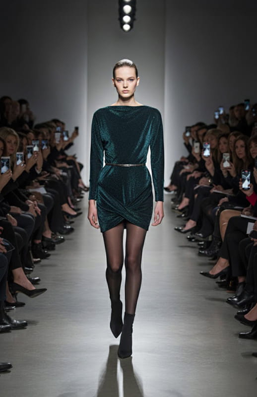 model is wearing irridescent green mini draped dress with sleeves on the runway