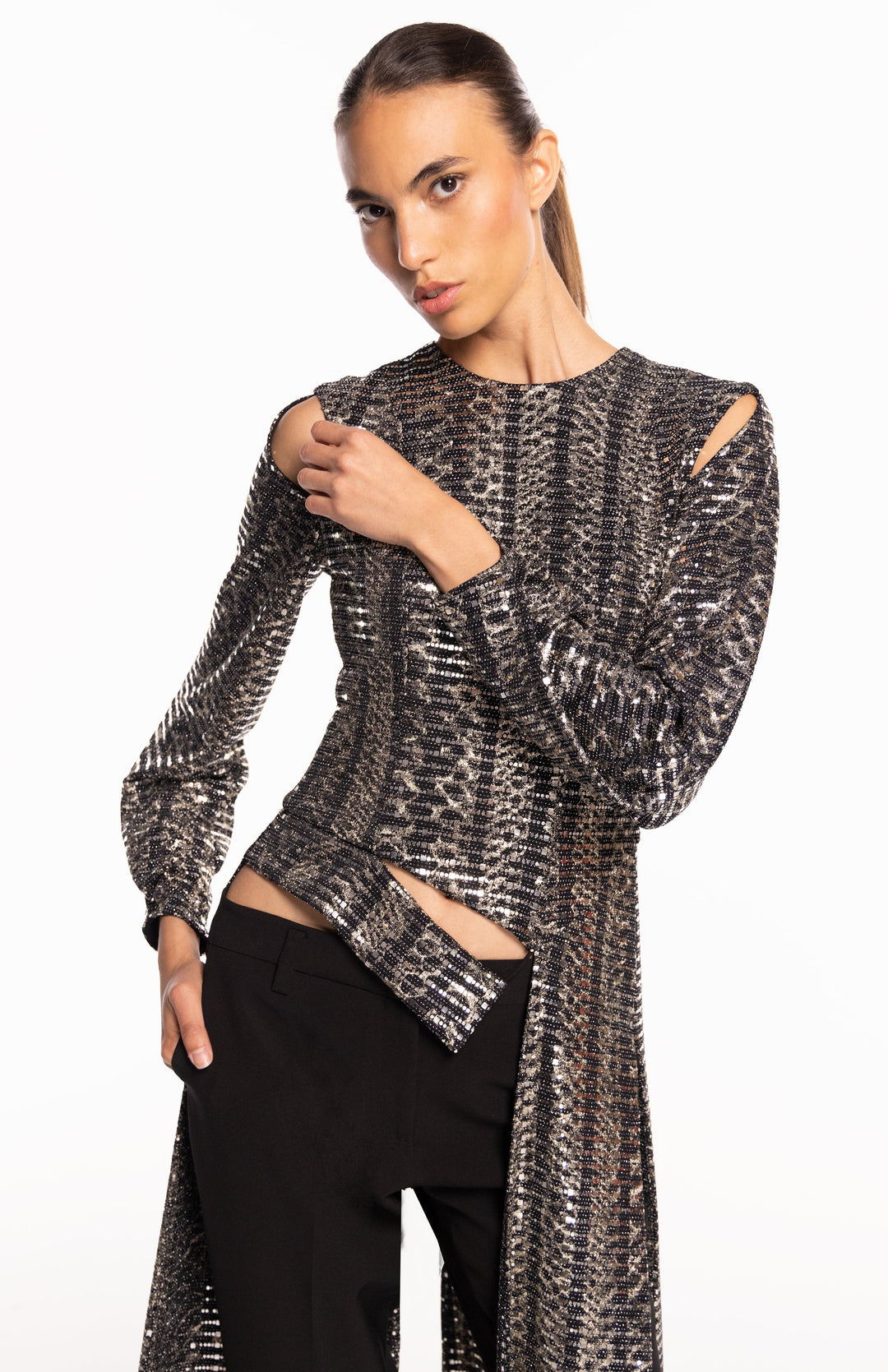 Valerie | Timeless Edge: Long Metallic Top With Tails