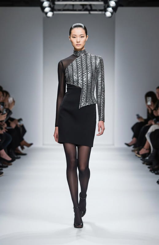 model walking on the runway wearing a mini cocktail dress in metallic and black crepe