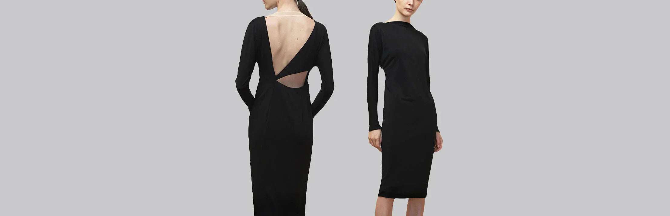 two models one wearing a below the knee black dress and the other a black dress with an open back