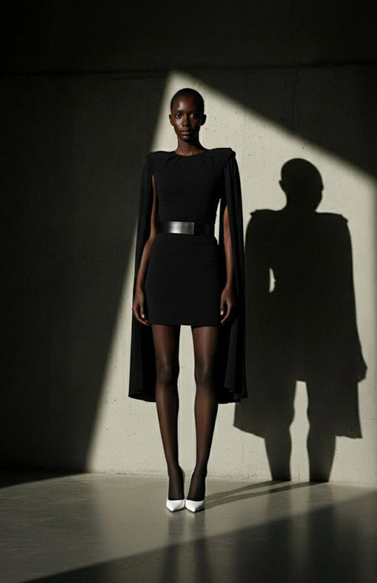 model is wearing mini black dress with cape sleeves