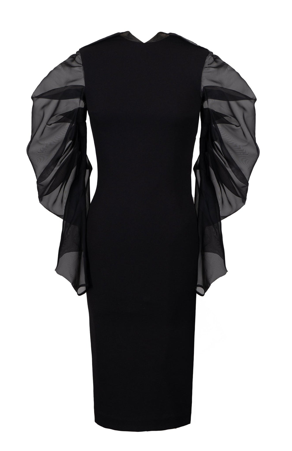 black cocktail dress with sheer draped sleeves