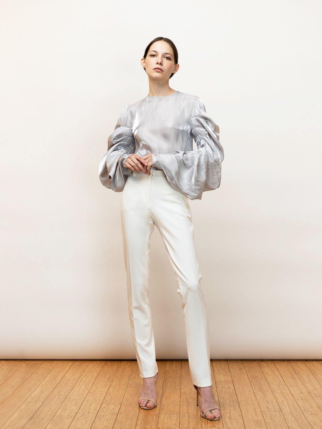 Silver satin draped blouse