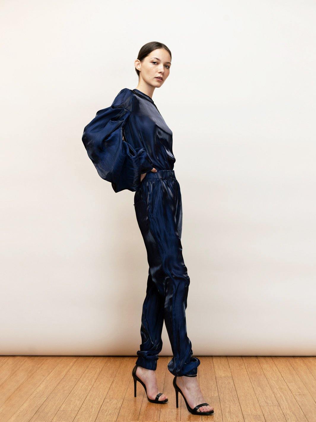 Elegant navy blouse and satin pants