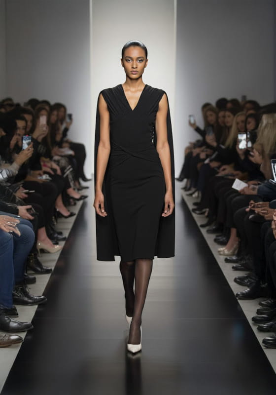 Model wearing a knee length draped black dress with cape on a runway