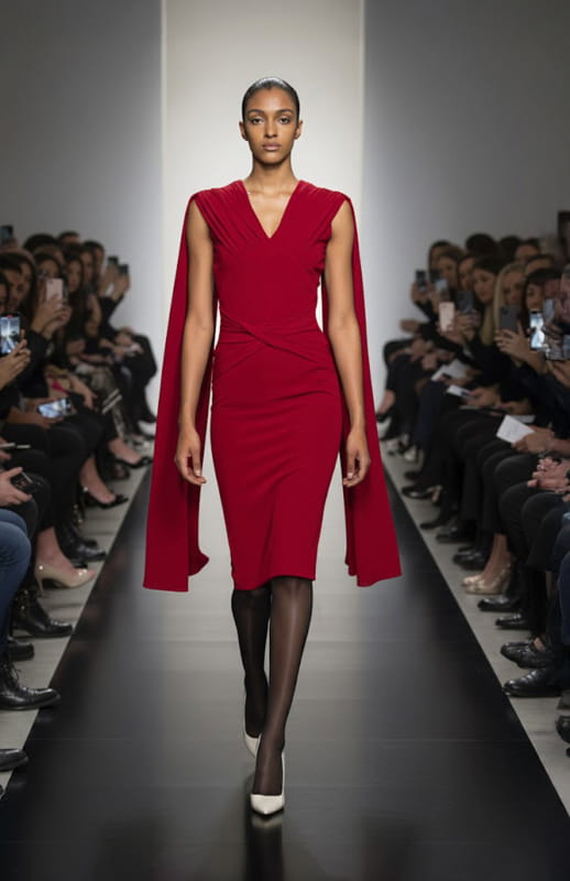 Model wearing a knee length draped red dress with cape on a runway