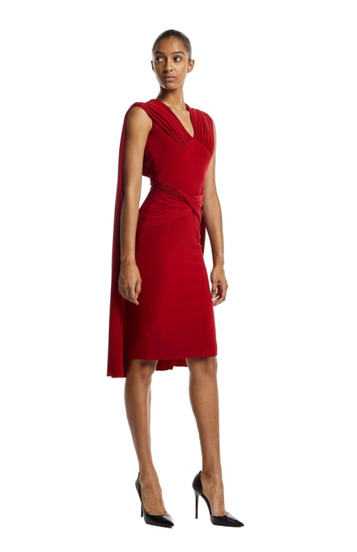 open back cocktail dress with cape