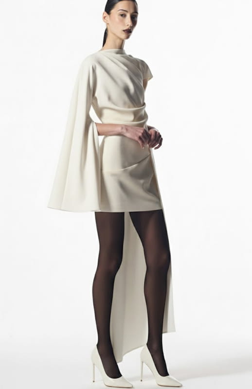 model is wearing asymmetrical ivory mini dress with tails
