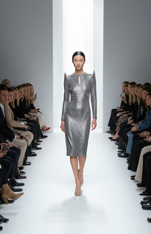 model is wearing a silver sequin dress on the runway