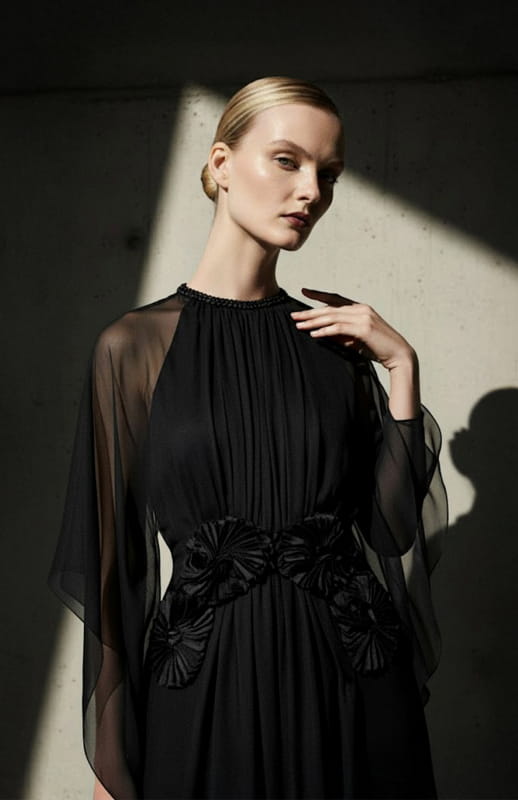 model is wearing long black silk chiffon dress with embellishment and cape sleeves