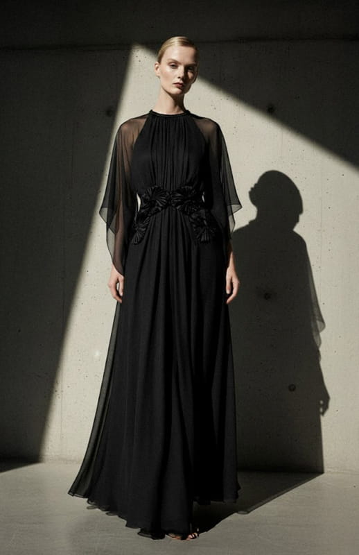 model is wearing long black silk chiffon dress with embellishment