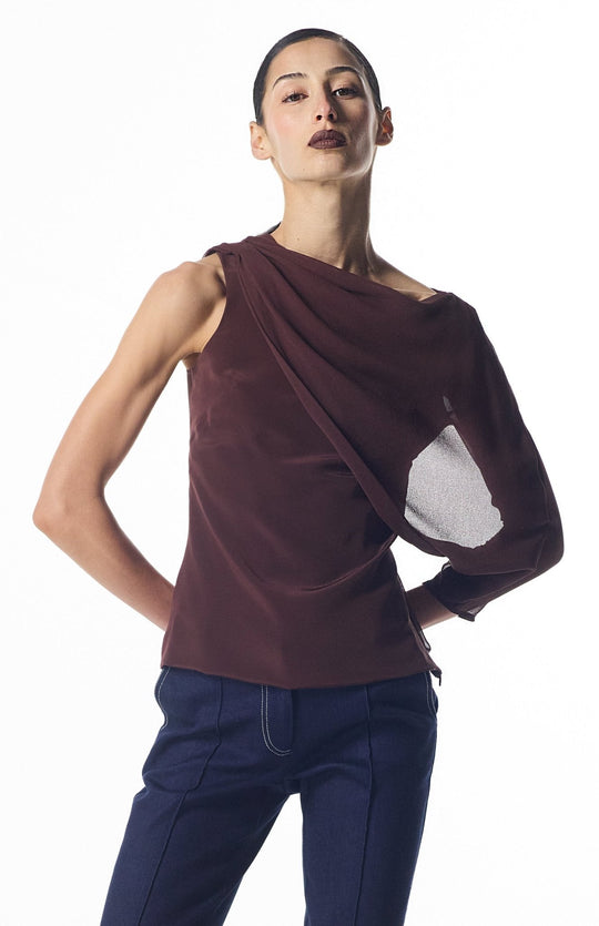brown asymmetrical silk top