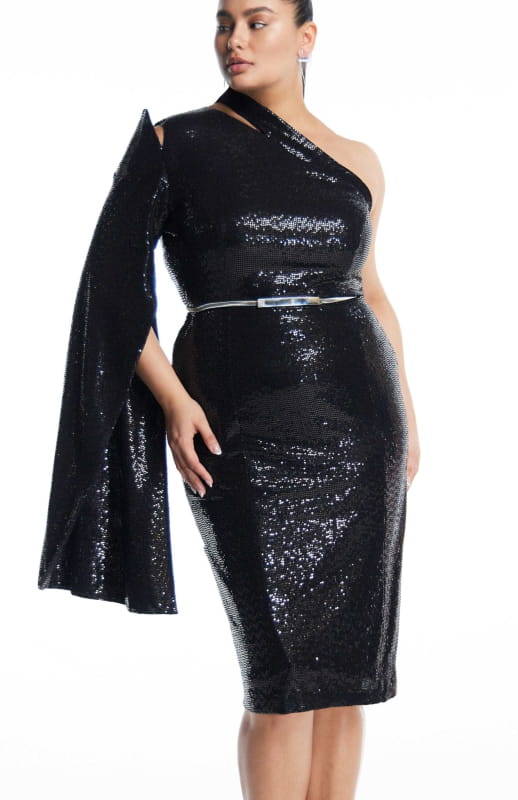 one shoulder plus size black dress