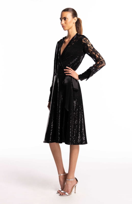 black sequin wrap dress
