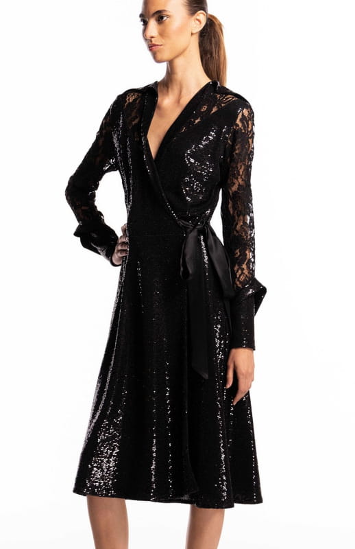 close up black cocktail wrap dress