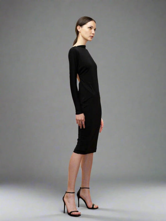 black backless dress side view