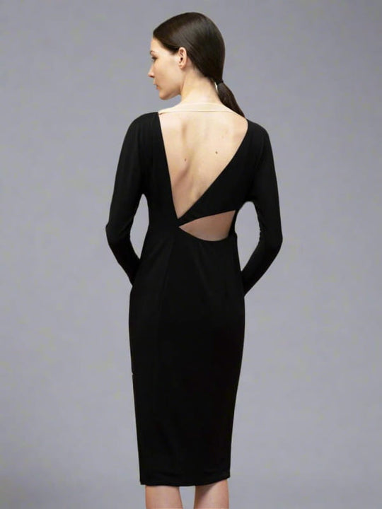 long sleeve open back dress in black
