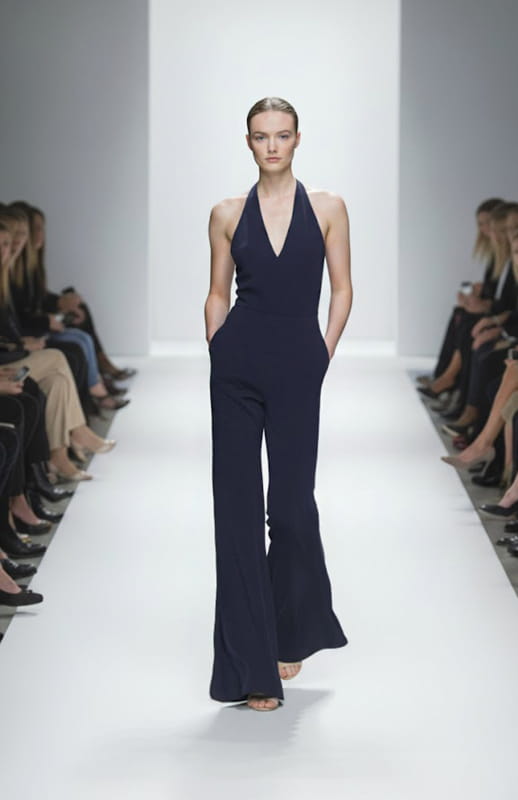 model is wearing a deep V navy jumpsuit on the runway