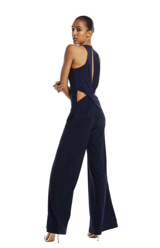 elegant navy open back jumpsuit