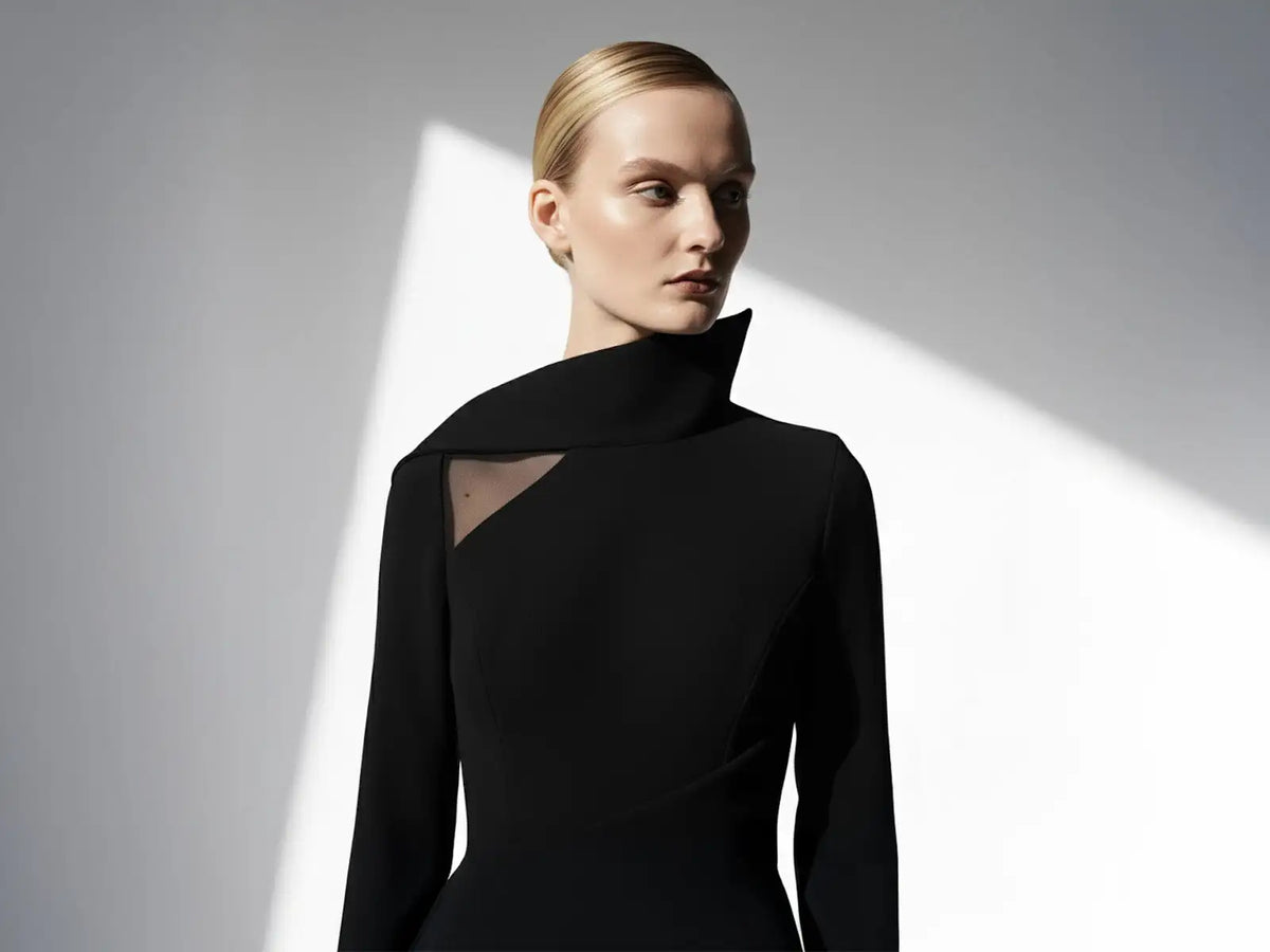 Black high-neck dress with sheer panel