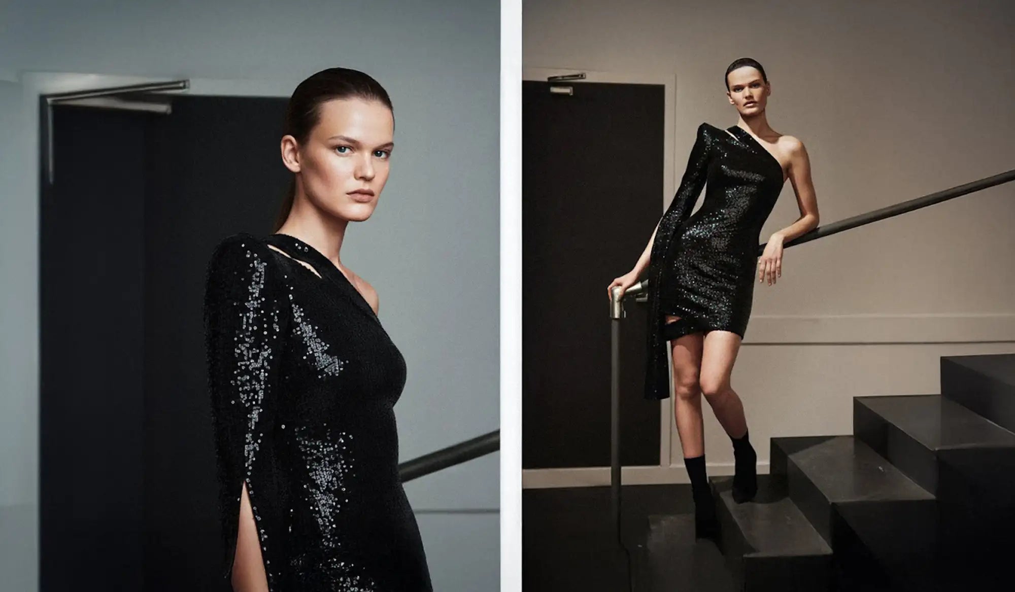 Black sequined dress with asymmetrical neckline and long sleeves.
