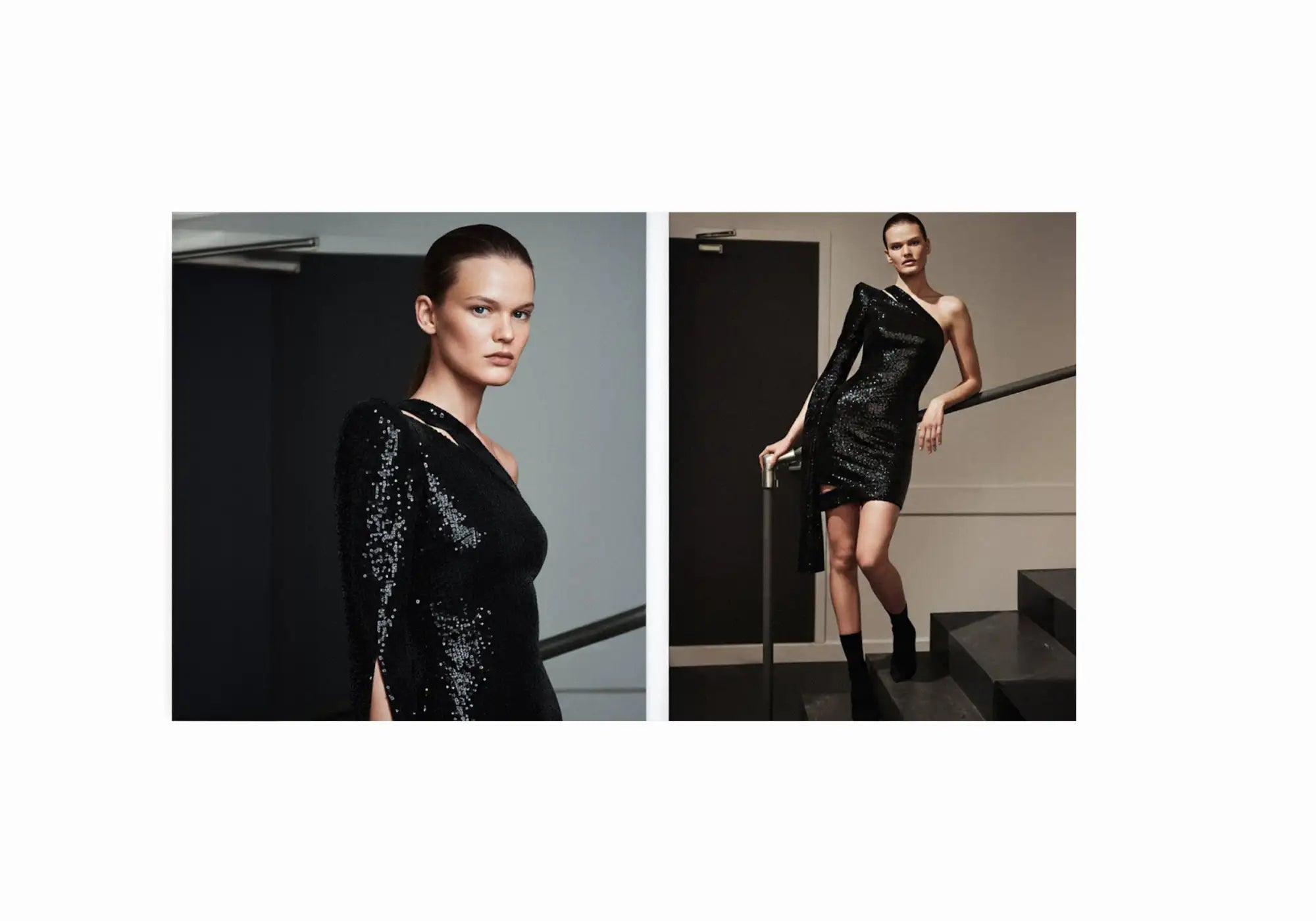 Black sequined dress with a high neckline and asymmetrical hem.