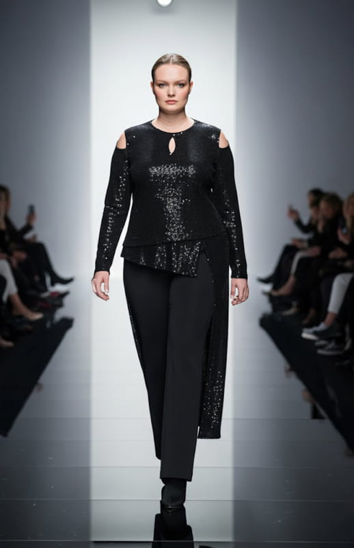 plus size model wearing black sequin top and black pants on the runway