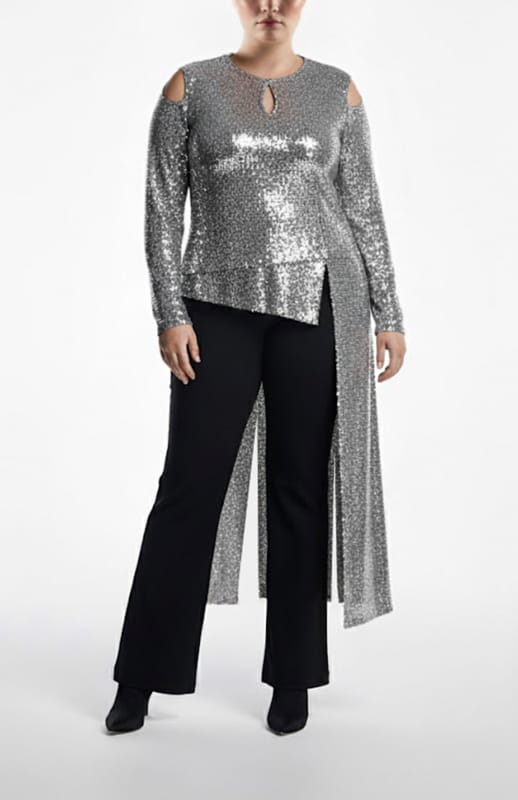plus size model wearing silver sequin top and black pants