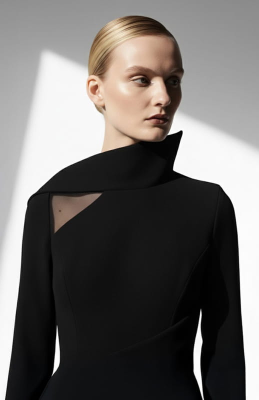 clos eup of model is wearing architectural long black dress