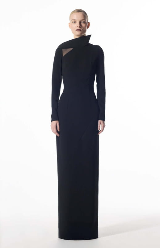 black designer gown with sleeves