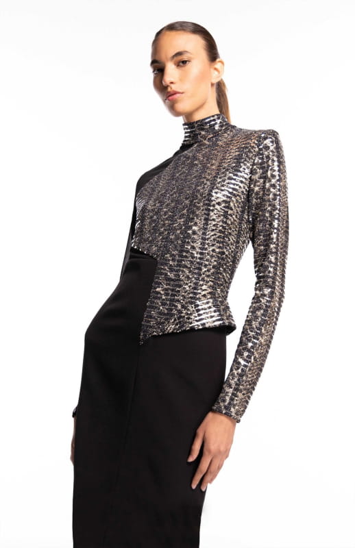 close up elegant gown in metallic tweed