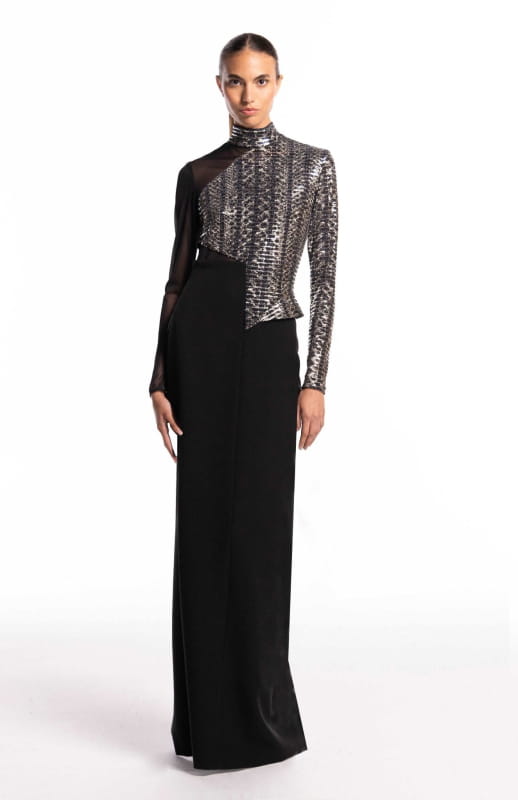 elegant long evening dress in metallic tweed