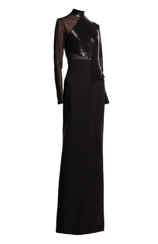 long black evening dress with sequin and sheer panels