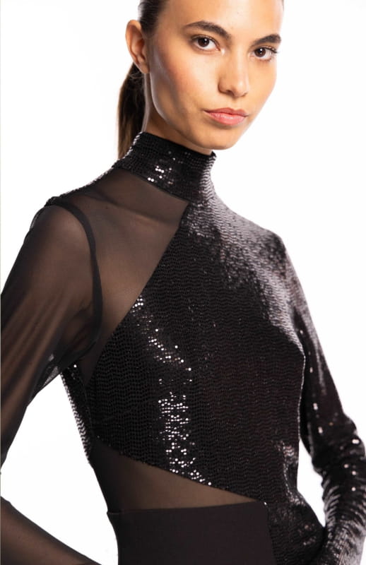 close up black sequin gown
