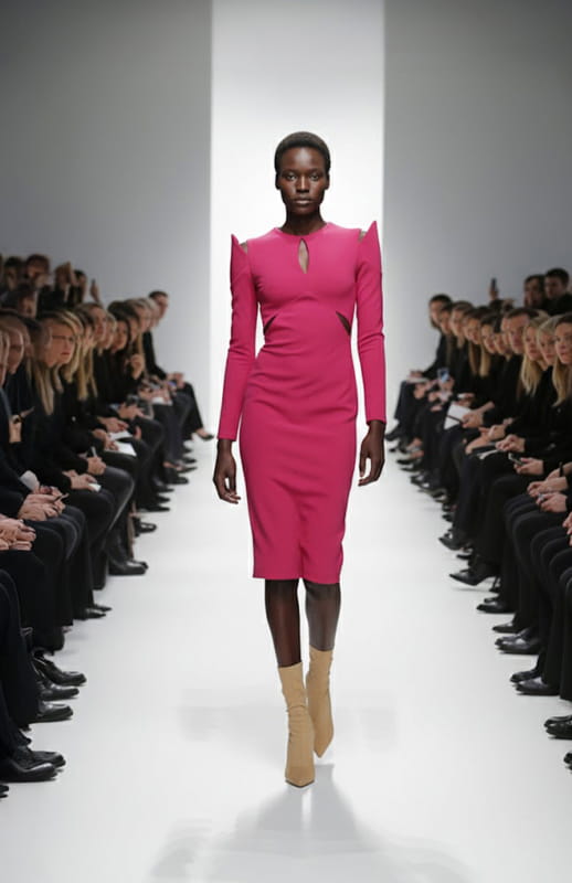 model is wearing fitted pink dress with cutouts on the runway