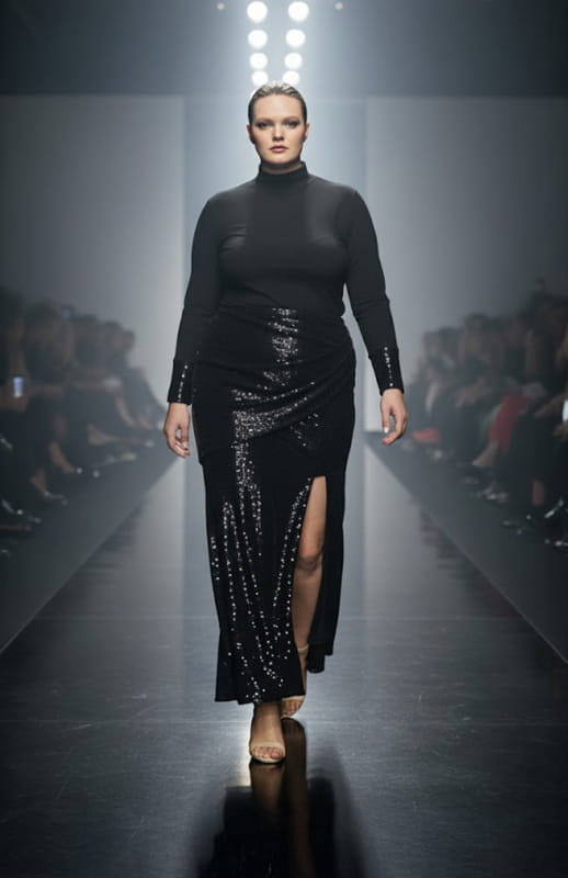 plus size model wearing a black top and black sequin skirt on the runway