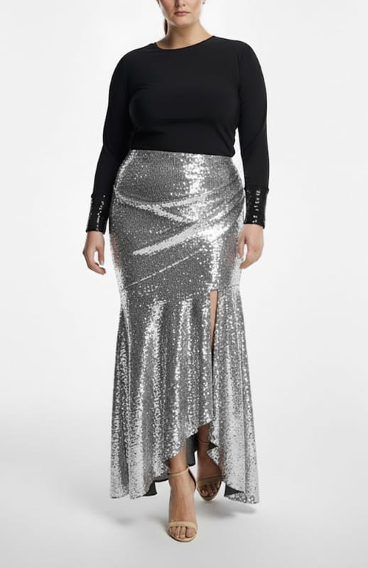 plus size model wearing black top and draped silver sequin kirt