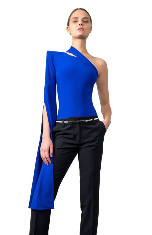  blue one shoulder bodysuit 