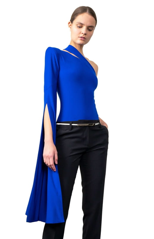 Blue one shoulder body suit