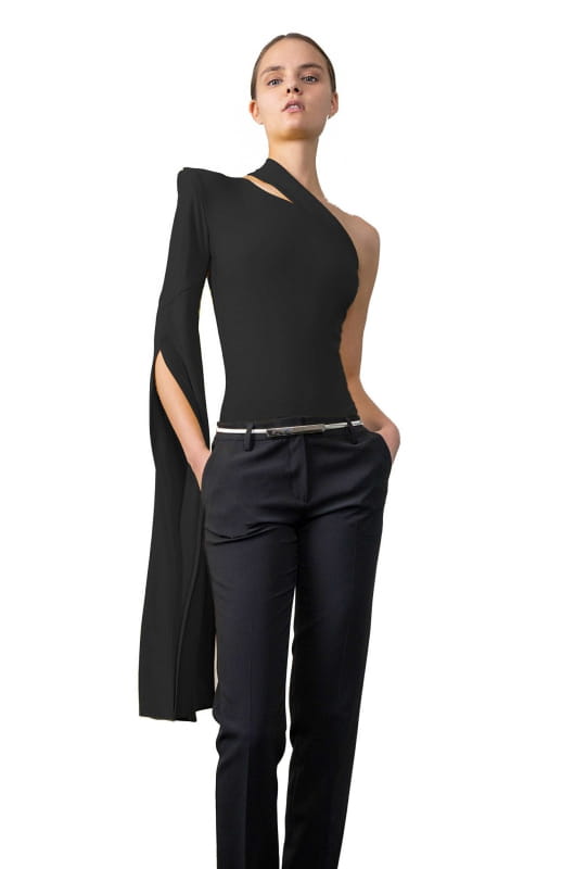 black one shoulder body suit