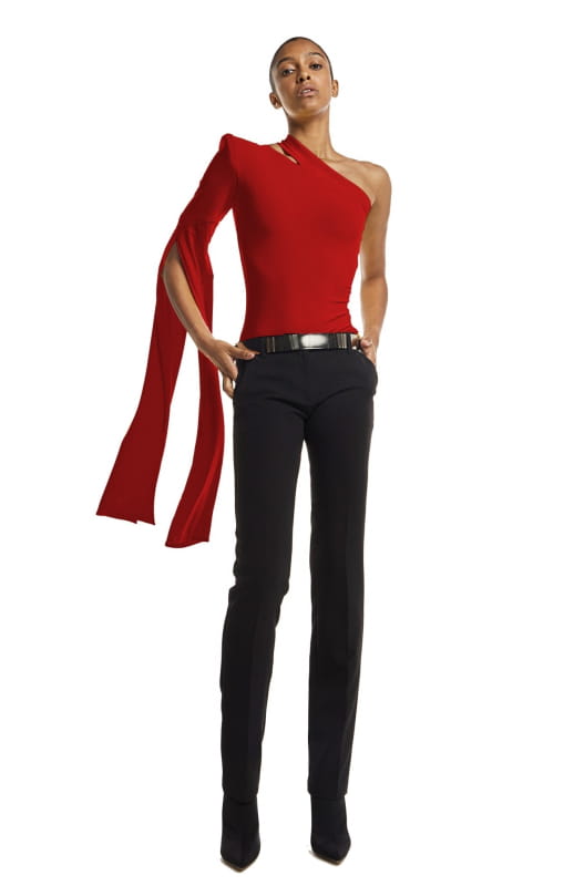 red one shoulder body suit