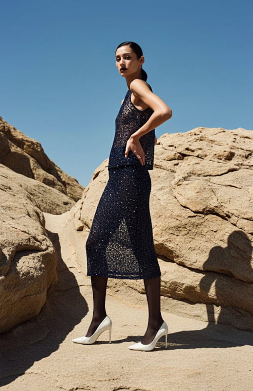 model is wearing beaded tank top and skirt